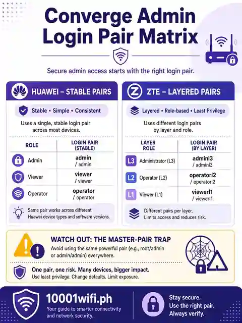 Converge admin login pair matrix Huawei ZTE infographic