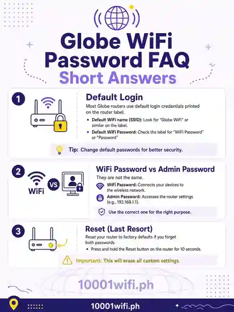 Globe WiFi password FAQ short answers infographic